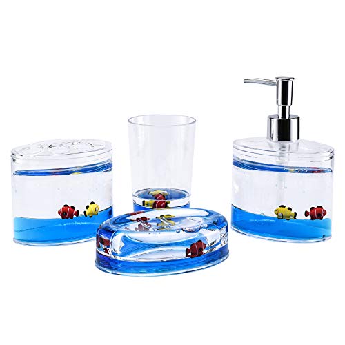 4 Piece Acrylic Liquid 4D Floating Motion Bathroom Vanity Accessory Set Ocean Cartoon Animal Theme Fish Toothbrush Holder, Tumbler, Soap Dispenser, Soap Dish