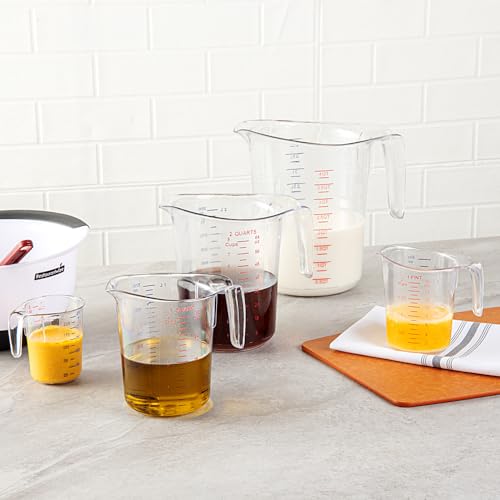 Restaurantware RW Base 1 Quart Measuring Jar 1 Durable Measuring Beaker - Metric And Imperial Units V-Shaped Spout Clear Plastic Measuring Cup Handle With Thumb-Grip Tolerates Up To 248F - color: Clear, size: 6.50" × 4.75" × 6.00"
