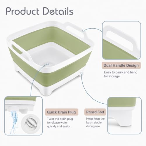 2.4 Gal(9L) Collapsible Dish Basin with Drain Plug, Space Saving Outdoor Multiuse Foldable Sink Tub, Dishpan, Kitchen Storage Tray for Camping, Vegetable Washing, RV (Green) - color: Green