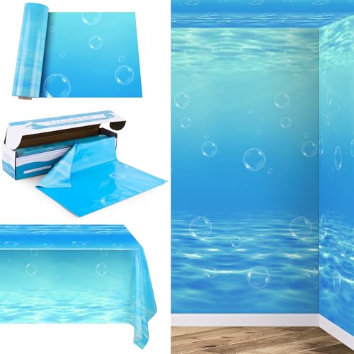 54 Inch x 100 Ft Ocean Waves Plastic Tablecloth Roll in Slide Cutter Box Under the Sea Table Cover Blue Water Print Backdrop Bulletin Board Plastic Roll for Beach Pool Birthday Party Decor
