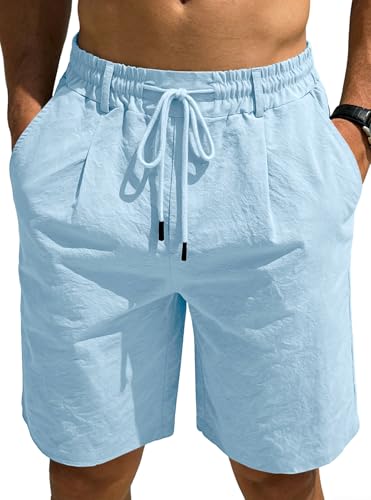 Men's Cotton Linen Shorts 2026 Summer Casual Elastic Waist Drawstring Beach Vacation Yoga Golf Shorts with Pockets - color: Light Blue, size: Small