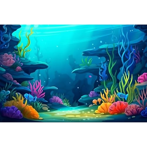 Under The Sea Aquarium Background Cartoon Underwater Scene Coral Reef Terrarium Background Tropical Aquatic Plants Natural Ocean Underwater with Sunbeams Seascape Theme Fish Tank Backdrop 24x16in - color: Cartoon Blue, size: 24(W)x16(H)in