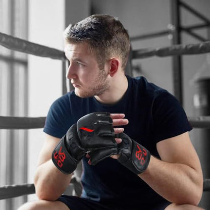 MMA Gloves Grappling Sparring, Maya Hide Leather, Boxing Gloves Muay Thai Martial Arts Training, Half Finger Adjustable Mitts Wrist Support Kickboxing Cage Fighting Punching Bag Workout - size: Small-Medium