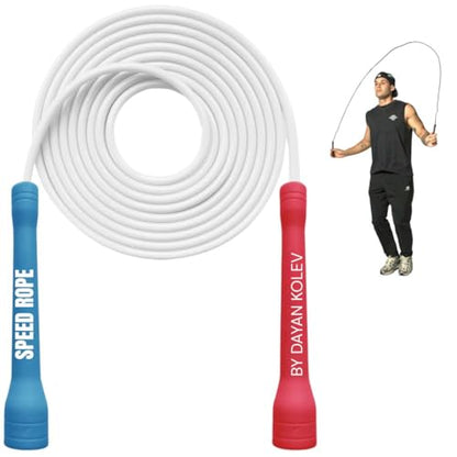 Speed Jump Rope by Dayan Kolev, 5mm PVC Skipping Rope, Great for Beginners and Advanced Athlets, Designed for Fitness, Cardio, Boxing & CrossFit, Adjustable length with Unbreakable Handles - color: White with Red and Blue Handles