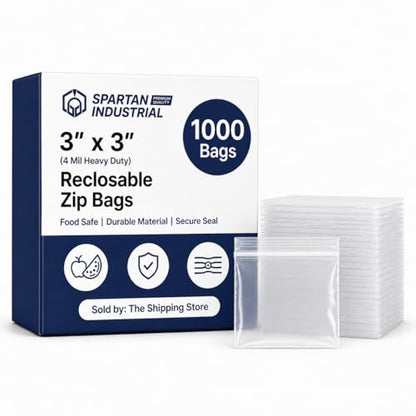 Spartan Industrial - 3” X 3” (1000 Count) 4 Mil Thick Clear Reclosable Zip Plastic Poly Bags with Resealable Lock Seal Zipper - Heavy Duty and Durable