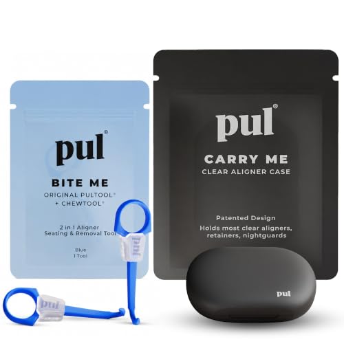 PUL Aligner Care Convenience Kit – Case + 2-in-1 Tool for Invisalign, Retainers, Partial Dentures, Mouth & Night Guards & More – Gray Case & 2-Pack of Blue Aligner Seating Chewie & Removal Tool - color: Gray Combo