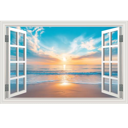 Fake Window Wall Sticker Summer Sunset Seascape Ocean Beach Faux Window Poster Decal Picture Open Wall Art Decor, Stick and Peel Landscape Natural Scenery Canvas Scene Mural,16"x24"