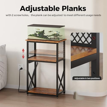 10 Gallon Fish Tank Stand with Power Outlet, 3 Tier Aquarium Stand with Shelf, Turtle/Reptile Tank Stand for Home Office,Adjustable Boards, 20.47''L×11.42''W×30.91''H, Retro Brown