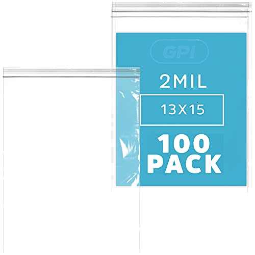 GPI - 2 Gallon Zip Bags, 13" x 15" Large Reclosable Lock Zip Bags, Clear Plastic Zipper Storage Bags with Zip Top Lock for Freezer, Clothing, Food, Documents & Supplies - 100 Count - size: 13" x 15"