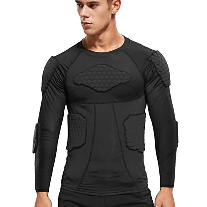 Zicac Men's Sports Shock Rash Guard Compression Padded Shirt Soccer Basketball Protective Gear Chest Rib Guards - color: Black-C, size: Medium
