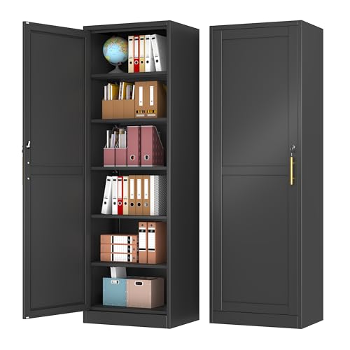 Tall Narrow Slim Metal Storage Cabinet with Lock and 5 Adjustable Shelves,Steel File Cabinets,Kitchen Pantry Cabinet Locker Organizer - 67" Storage Cabinets for Bathroom,Bedroom,Office,Black - color: Black, size: 1Door