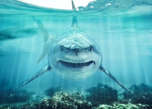 9x6ft Shark Underwater Backdrop, White Shark Ocean Theme Party Decorations, Under The Sea Birthday Banner, Aquarium Background, Kids Photo Booth Props - size: 9X6FT
