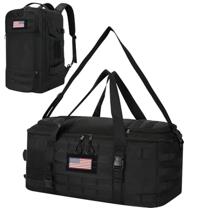 kokkoya 40L Tactical Gym Duffel Bag Molle Backpack for Men Travel | Main compartment opens 270 degrees. Hidden straps enable hand, shoulder and backpack carry with MOLLE organization system