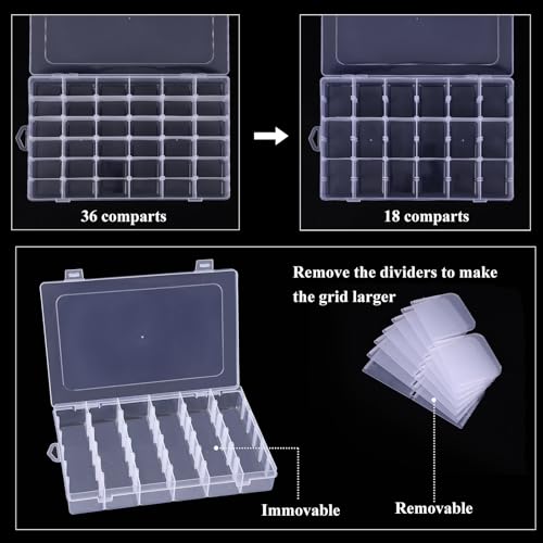 4 Pack 36 Grids Plastic Bead Organizer Box with Dividers, Clear Craft Tackle Box Parts Storage Containers with Compartments for Jewelry Fishing Tackle Art DIY with 5 Sheets Label Stickers - color: 4 Pack