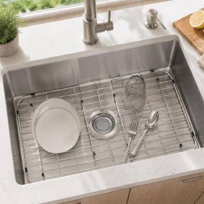 Stainless Steel Sink Grid and Protector for Bottom of Kitchen Sink, 28-3/8" x 14-3/16" with Drain Hole for Single Handmade Sink Bowl for Kitchen Sink Grate with Sink Hole Cover, One-Piece