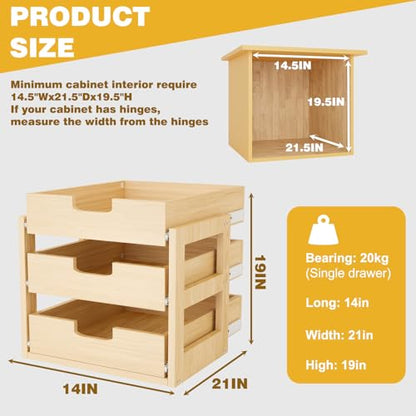 Pull Out Cabinet Organizer, 14''W×21''D×19''H Soft Close Slide Out Wooden Pull out Drawers, Three Tier Slide out Wood Cabinet Organizer, for Base Cabinet Organization in Kitchen, Pantry, Bathroom