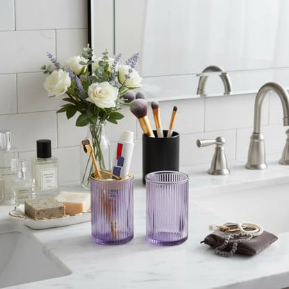 Toothbrush Holders for Bathrooms, 2pcs Purple Glass Toothbrush Holder, Bathroom Toothbrush Cup and Toothpaste Holder with Gold Divider, Tooth Brush and Toothpaste Organizer for Countertop - color: Purple Gold