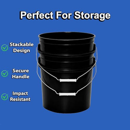5-Gallon Bucket with Airtight Lid – Made in USA, Food Grade BPA Free Plastic, Heavy Duty Multi-Use, Metal Handle with Grip, Stackable Storage – Black, 6 Pack