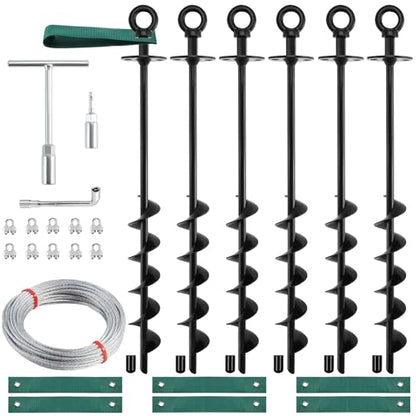 Garden Stakes 18" Heavy Duty Tree Stakes Ground Anchors with Straps & Steel Cable - Screw in Spiral Earth Anchors for Plant Support, Shed, Trampoline, Swing Set - Secure Against High Winds (6)
