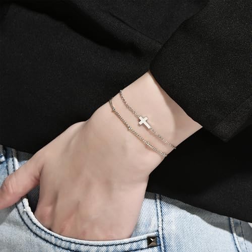18K Gold Plated Small Cross Bracelet for Women | Tiny Cute Cross Bracelets | Beaded Bracelet | Hip Hop Knot | Hand Chain Bracelets | Gold Jewelry Gifts for Women - color: Cross Set Silver(2PCS)