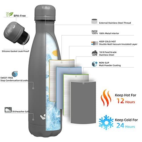 Konokyo 17 oz Insulated Stainless Steel Water Bottle, Gray - color: Gray, size: 17 Ounces