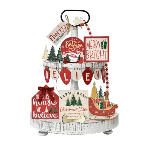 Smile 15 Pcs Christmas Indoor Decor, Wooden Tiered Tray Decor Set Centerpiece, Christmas Tree Tabletop Decoration for Xmas Home - style: Christmas Retro