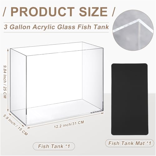 3 Gallon Acrylic Fish Tank with Mat, Small Aquarium for Raising Betta Fish, Goldfish, Snails, Snakes, Shrimp, and Aquatic Plants, Easy to Maintain