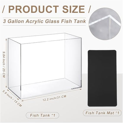 3 Gallon Acrylic Fish Tank with Mat, Small Aquarium for Raising Betta Fish, Goldfish, Snails, Snakes, Shrimp, and Aquatic Plants, Easy to Maintain