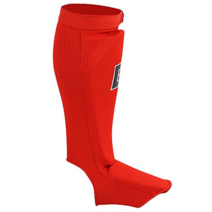 Slip On Elastic Muay Thai Shin Guards – Kickboxing, MMA Sparring and Training Protective Instep Shin Pads - color: Red, size: Large-X-Large