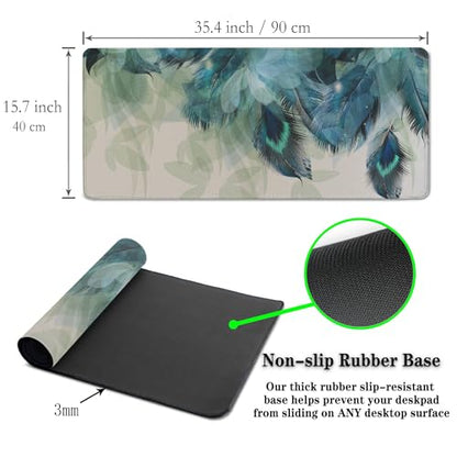 Gaming Mouse Pad Navy Desk Mat Large Desk Pads Mens Office Accessories Pad for Table Non-Slip Rubber Base Waterproof with Stitched Edges 35.4" X 15.7" for Game Office, Peacock Feather