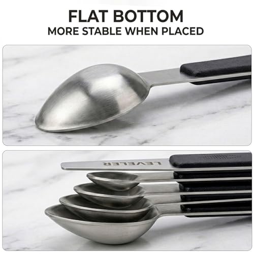 Magnetic Measuring Spoons,Stainless Steel Dual Sided Tablespoons,Extra Long Handle for Deep Jars,Heart-Shaped&Square Heads that More Easier to Excavate,Laser Markings,Non-Slip Grip(set of 5)