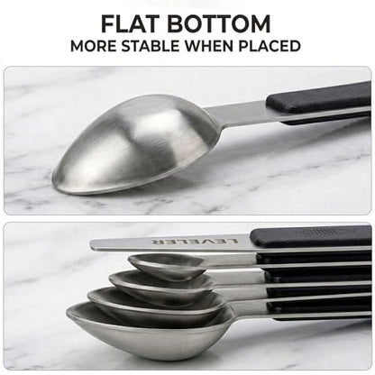 Magnetic Measuring Spoons,Stainless Steel Dual Sided Tablespoons,Extra Long Handle for Deep Jars,Heart-Shaped&Square Heads that More Easier to Excavate,Laser Markings,Non-Slip Grip(set of 5)