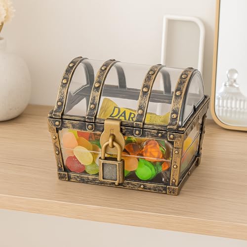 Treasure Chest Box, Small Pirate Treasure Case with Lock and Key, Transparent Jewelry Storage Container Display Toy Candy Seashell Gemstone Crystal Keepsake Gift, Retro Nautical Home Decor 5''x4.5''