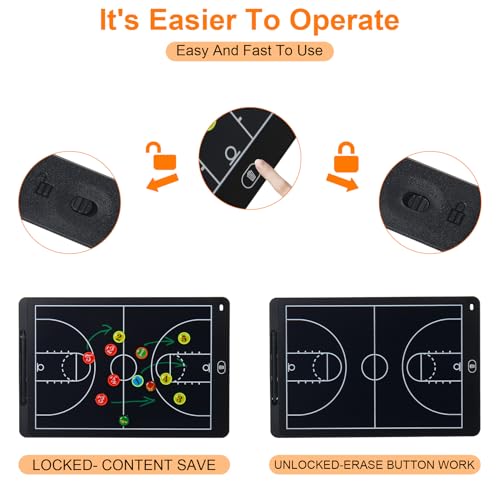 Electronic LCD Basketball Coaching Board, 15" Magnetic Strategy Board | Magnetic Player Pieces, Quick Erase LCD Screen, Dual-Sided Board for Basketball Strategy, Plays and Coaching