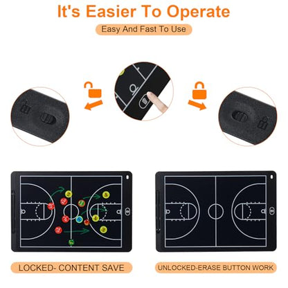 Electronic LCD Basketball Coaching Board, 15" Magnetic Strategy Board | Magnetic Player Pieces, Quick Erase LCD Screen, Dual-Sided Board for Basketball Strategy, Plays and Coaching