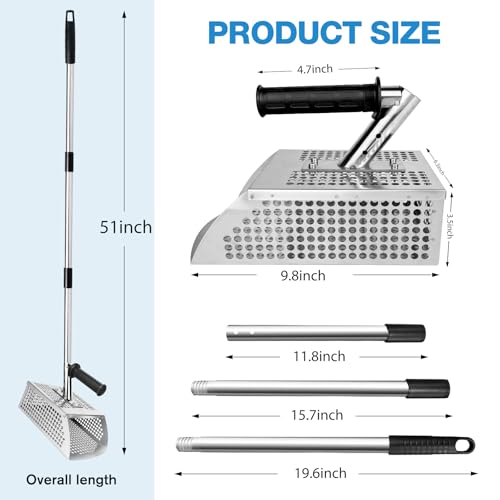 Sand Scoop for Metal Detecting - Metal Detector Sand Flea Rake for Beach with Anti Slip Handle Heavy Duty Stainless Steel Sand Sifter Shovel with Long Handle Ideal for Underwater Treasure Hunting