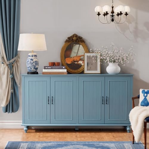 Buffet Cabinet with Storage, 62'' Coffee Bar in Kitchen, Buffet with 4 Doors,Sideboard Buffet Cabinet for Dinning Room, Kitchen & Living Room (4 Doors, Blue)