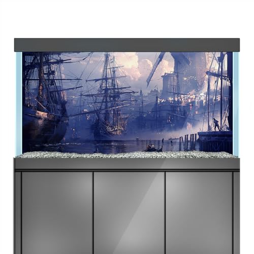 Aquarium Background Stickers - Port Sailboat City - Fish Tank Reptile Terrarium Decor Poster (45 x 30 cm / (17.7 x 11.8 inches))