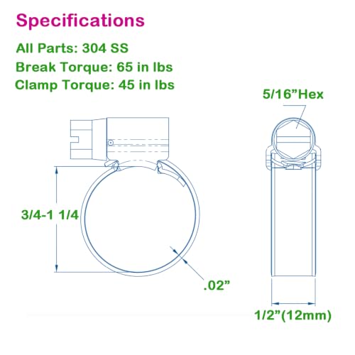 Non-Slip Stainless Steel Worm Gear Hose Clamps 3/4 to 1-1/4"(20-32mm) | SAE Size 12, 5/16"Hex Head, Soft Hose Protection, Adjustable for Automotive, Fuel Line, Garden, Heater, Radiator, 12Pack - size: SAE#12(3/4 To 1-1/4)