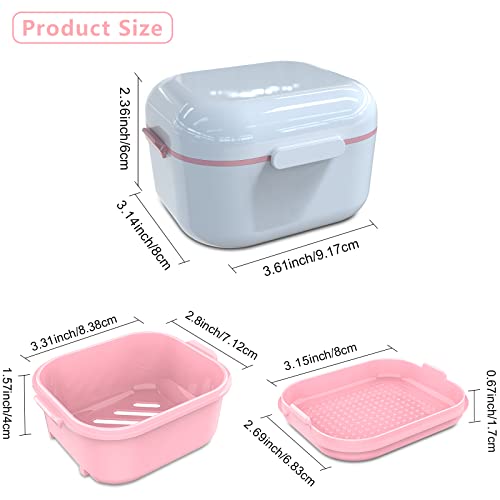 Denture Case with Mirror, Leakproof Retainer Box with Strainer Basket - color: White Pink