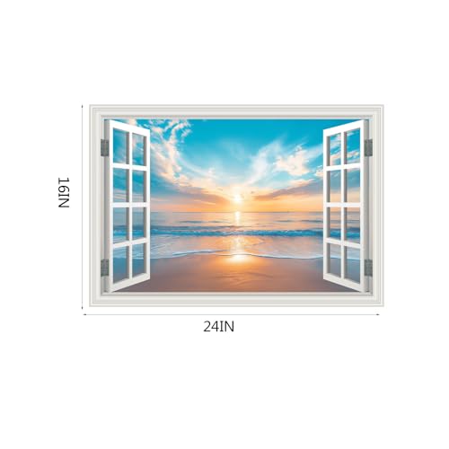 Fake Window Wall Sticker Summer Sunset Seascape Ocean Beach Faux Window Poster Decal Picture Open Wall Art Decor, Stick and Peel Landscape Natural Scenery Canvas Scene Mural,16"x24"