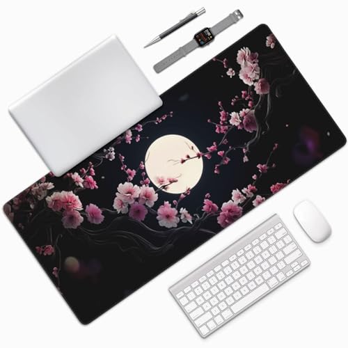 XXL Gaming Mouse Pad 35.4 x 15.7 Inch, Large Extended Desk Mousepad with Cherry Blossom Moon Design, Water-Resistant Surface, Stitched Edges, Non-Slip Rubber Base Desk Mat - color: Cherry Blossom Moon