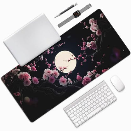 XXL Gaming Mouse Pad 35.4 x 15.7 Inch, Large Extended Desk Mousepad with Cherry Blossom Moon Design, Water-Resistant Surface, Stitched Edges, Non-Slip Rubber Base Desk Mat - color: Cherry Blossom Moon