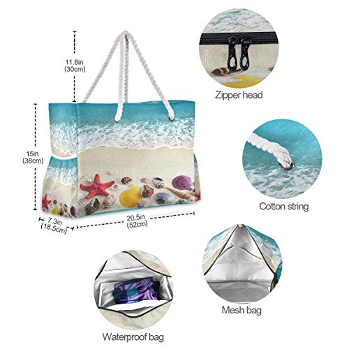 senya Large Beach Bags Totes Canvas Tote Shoulder Bag Soft Wave Water Resistant Bags for Gym Travel Daily Ocean - color: Sea Shells on Beach