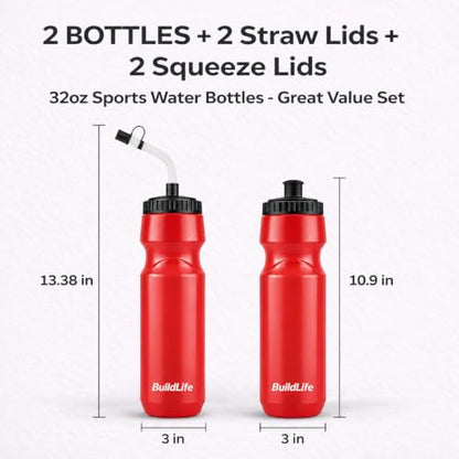 BuildLife 2 Pack Sports Water Bottle - Hockey Water Bottle with Long Straw and 2 lids (Straw and Squeeze) for Helmet Sports Hockey, Lacrosse, Football, Boxing, BPA Free,Dishwash Safe (Red) - color: Red