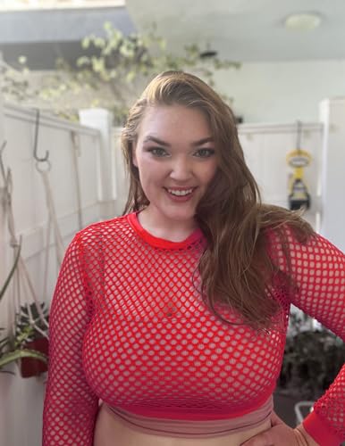 Avidlove Fishnet Top Women Mesh Long Sleeve Crop Blouse See Through Shirt Rave Goth XS-3XL - color: Red, size: Large