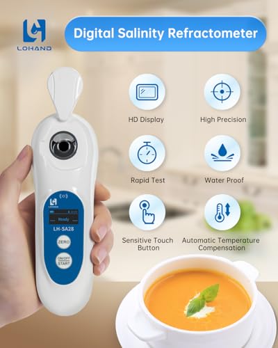 3-in-1 Digital Salinity Refractometer with ATC/Refractive Index(RI), Accurate Measurement with Precision Light-Blocking Cover, Fast Touchscreen Test Spoon Meat/Aquarium/Saltwater, Salt Content:0-28%