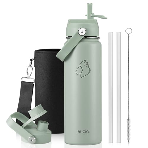 BUZIO 24 oz Insulated Stainless Steel Water Bottle with Straw & Spout Lids | Triple Wall Insulated Tumbler (Dishwasher Safe) ,Cold for 48 Hrs, Wide Mouth, Leakproof, BPA-Free, for Sports, Gym, School - color: Sage Green, size: 24 Ounces