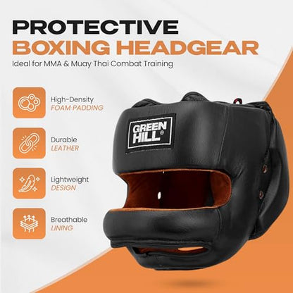 Green Hill Professional Boxing Headgear for Men & Women | Designed for boxing, MMA and Muay Thai with durable leather, protective padding and a secure fit for sparring. - size: Medium