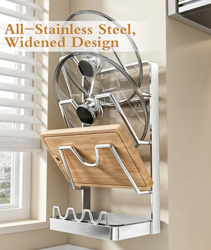 3-Tier Stainless Steel Pot Lid Holder, Extra Wide U-Shaped Kitchen Organizer Rack with Removable Drip Tray, No Plastic Silver(Fits Lids Up to 12 Inches) (Silver) - color: Silver